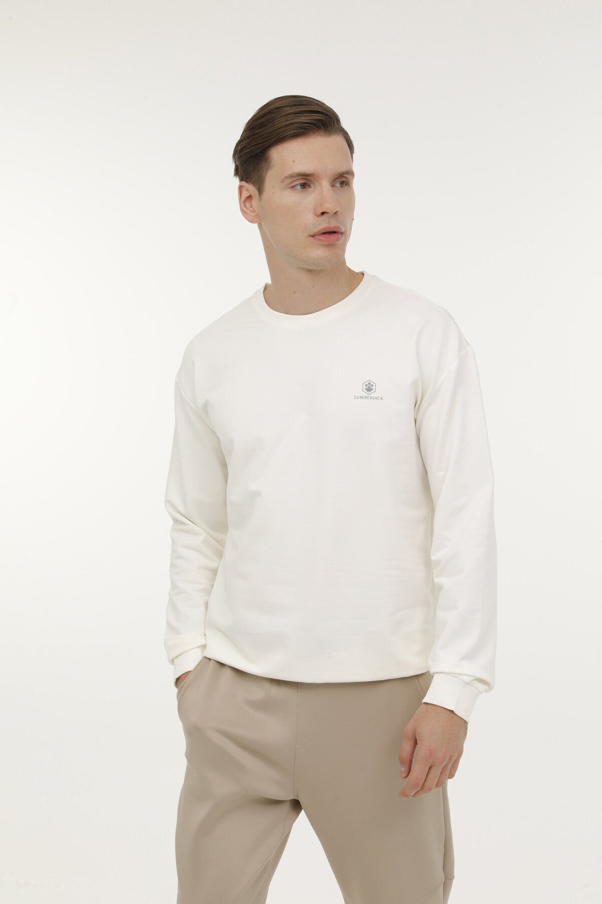 Lumberjack M-SN75 BSC C NECK SW 3FX Ekru Erkek Sweatshirt